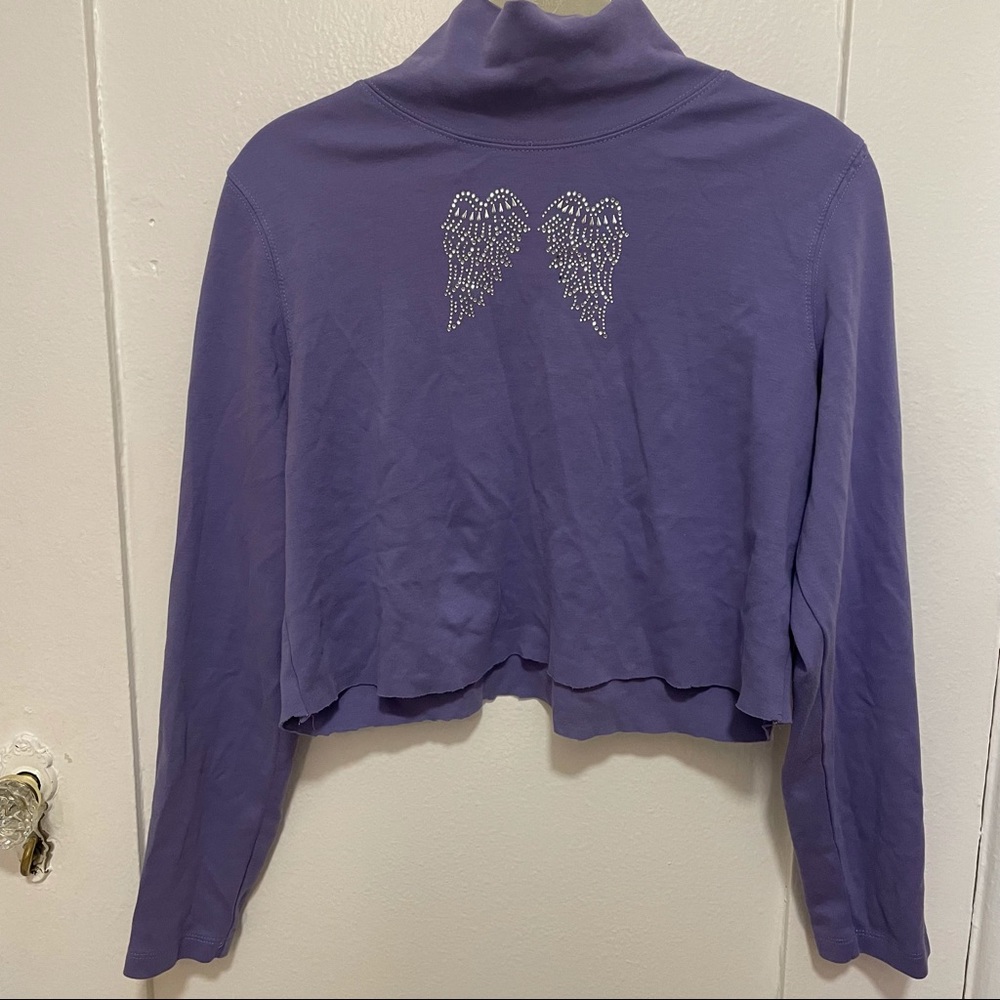 Y2K Cropped Purple Mock Turtleneck with Bedazzled Angel Wings